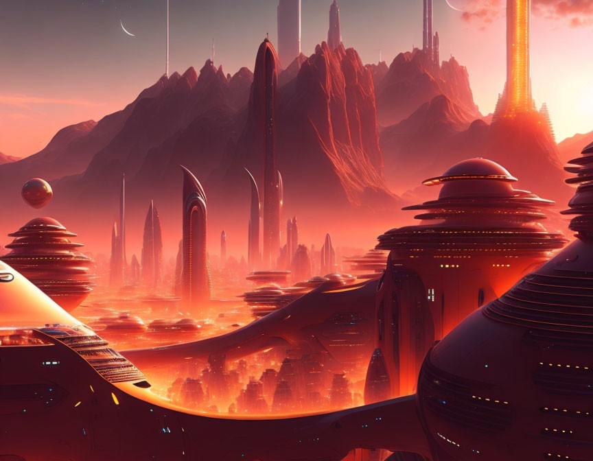 Futuristic cityscape with sleek towers, domes, pink sky, mountains, lake at sunset