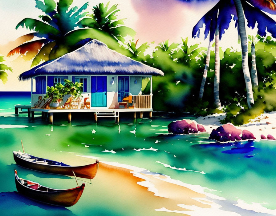 Vibrant watercolor beach scene with hut, palm trees, boats