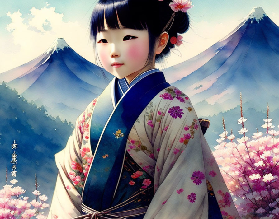 Digital Artwork: Young Girl in Floral Kimono with Mount Fuji and Cherry Blossoms