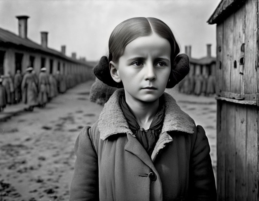 Young girl with braided hair in somber mood in front of wooden barracks and lined-up people.