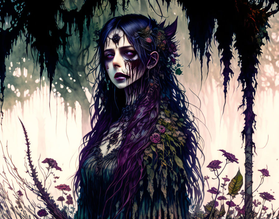 Woman in mystical forest with floral adornments and ethereal foliage.