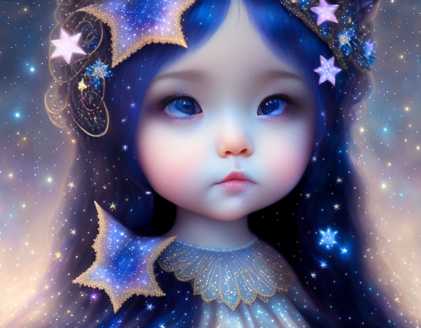 Child with Big Blue Eyes in Celestial-Themed Outfit and Starry Background