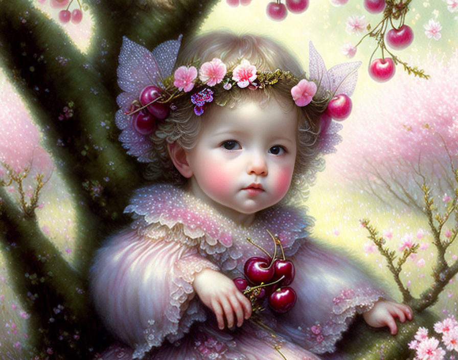 Digital painting of cherubic child with fairy wings in pink blossoming tree, holding cherries