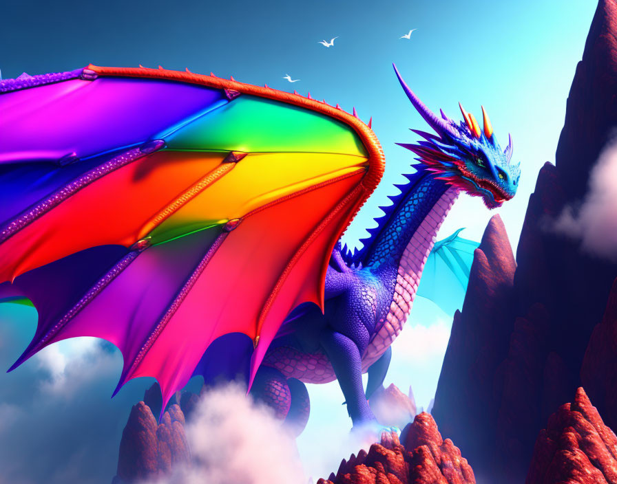 Colorful Dragon with Rainbow Wings on Rocky Terrain under Blue Sky