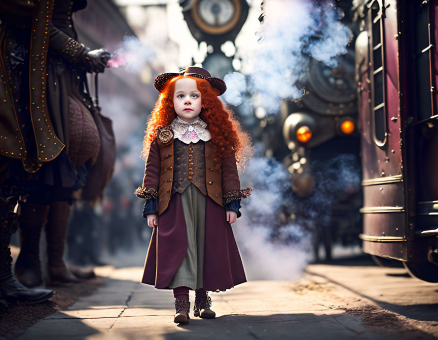 Curly Red-Haired Child in Vintage Attire on Cobblestone Street with Steam Train and Horse