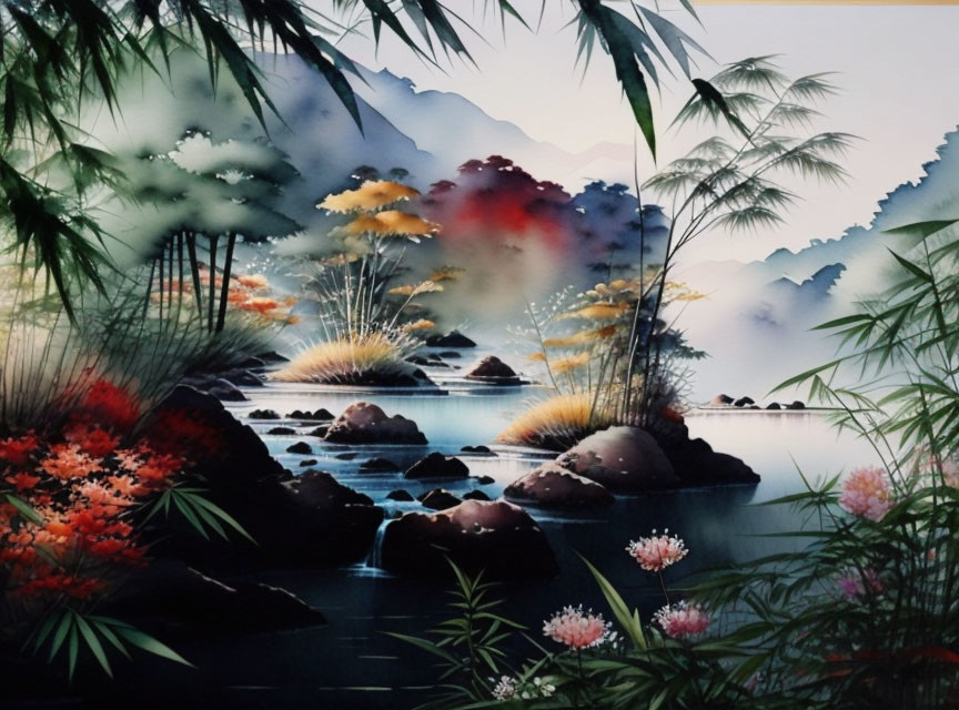 Tranquil pond with rocks, lush foliage, bamboo, colorful flora, and hazy mountain backdrop