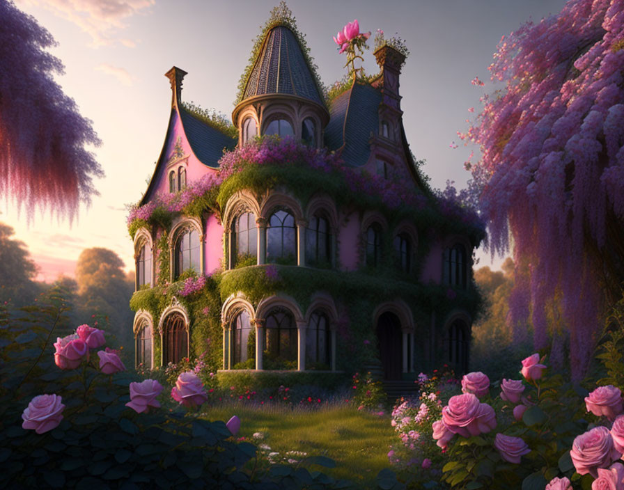 Victorian House with Lush Gardens and Blooming Flowers at Twilight