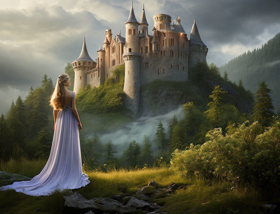 Woman in flowing gown gazes at majestic castle in misty forest glade at sunset