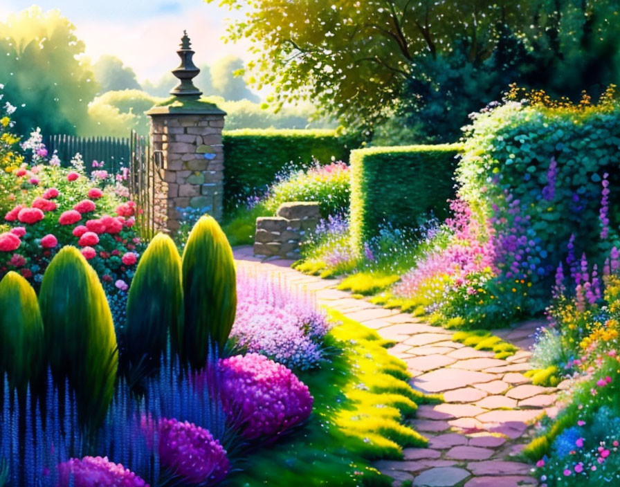 Colorful Flower Garden Path with Stone Fence and Sunlight