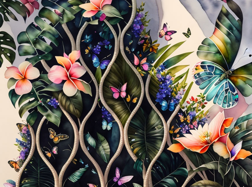 Vibrant botanical illustration with flowers, butterflies, and tropical leaves