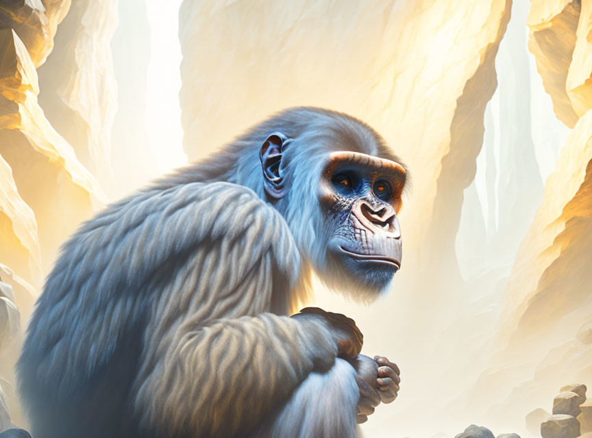 White-Furred Ape with Orange Eyes in Sunlit Rock Formation