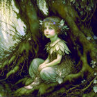 Young girl in vintage dress under ancient tree with floral circlet