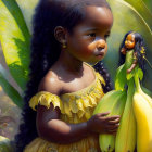 Young Girl in Yellow Dress Surrounded by Banana Leaves Holding Banana