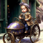 Digital artwork: Toddler in vintage clothing in ornate baby carriage on cobblestone street