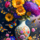 Colorful flowers in white vase with fluttering butterflies on dark backdrop