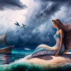 Mermaid with flowing hair on beach at twilight gazing at sailing ship