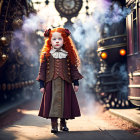 Curly Red-Haired Child in Vintage Attire on Cobblestone Street with Steam Train and Horse