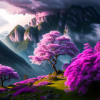 Colorful Fantasy Landscape with Magenta Trees and Purple Hills