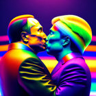 Rainbow-colored figures kissing on multicolored background