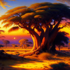 Majestic tree painting with golden sunset backdrop