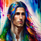 Colorful digital painting of woman with elfin features and blue streaked hair.