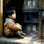 Child Contemplating Urban Scene with Toy Figure in Window