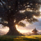 Majestic tree with thick trunk and lush canopy in golden sunlight near pagoda and rolling hills