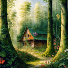 Whimsical forest scene with children and cottage in warm light