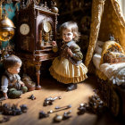 Vintage room with two toddlers and antique furniture, chess set, and ornate decorations.