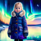 Child in winter coat under colorful aurora night sky