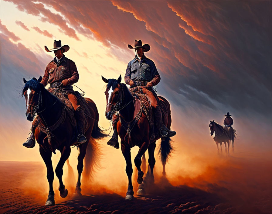 Cowboys on horses under dramatic orange sky with dust trails - classic Western scene