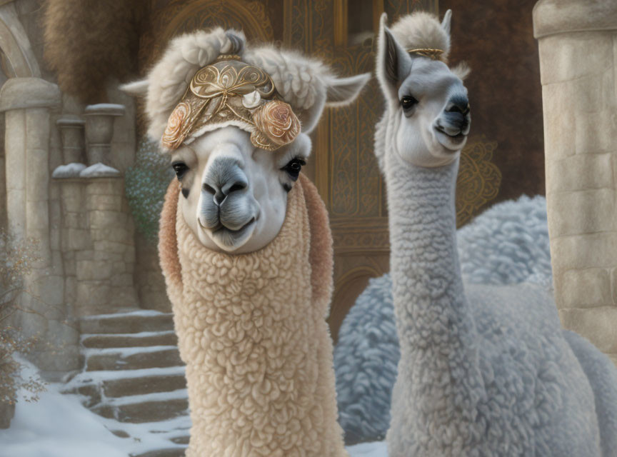 Cartoon llamas with human-like expressions in front of castle-like building