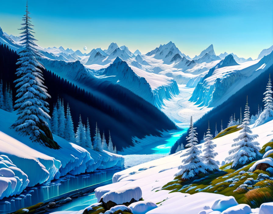 Digital Art: Snowy Alpine Landscape with Glacial River