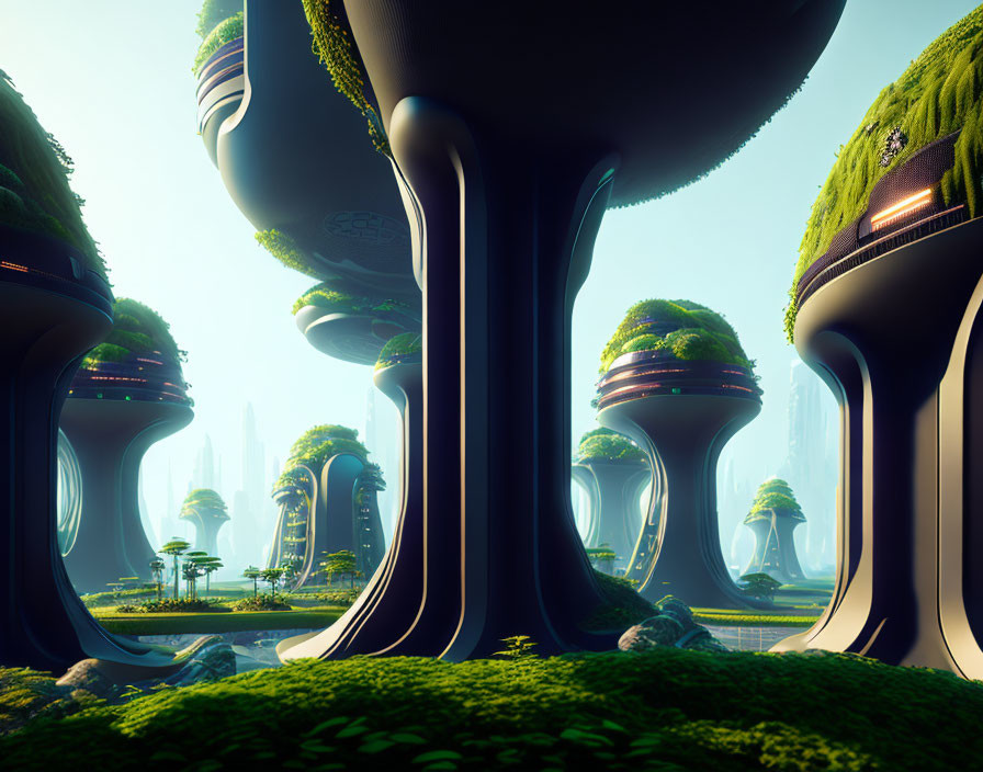 Futuristic forest with towering mushroom-like structures and greenery under clear sky