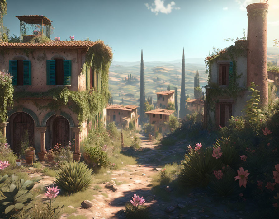 Tranquil Tuscan village scene with rustic houses and lush greenery