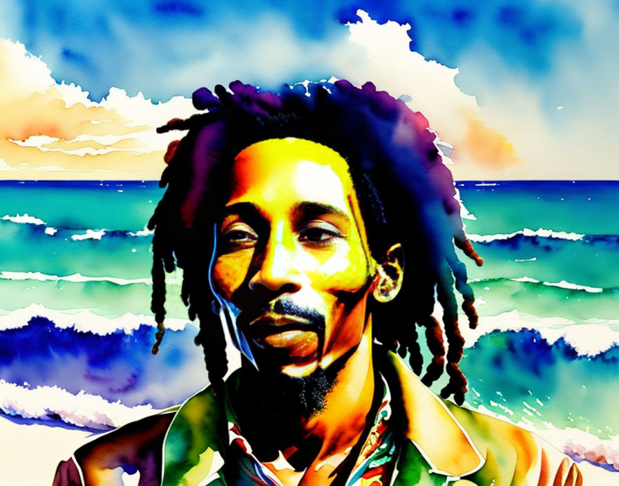 Colorful painting of man with dreadlocks by bright blue sea in abstract style