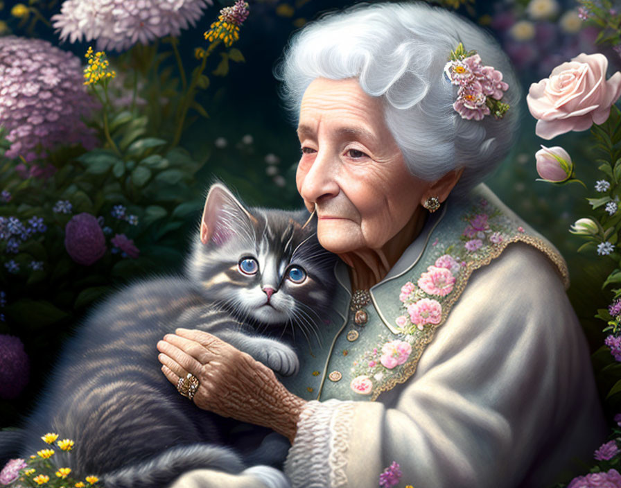 Elderly Lady Holding Gray Kitten Among Lush Flowers