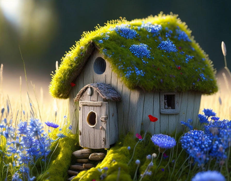 Miniature moss-covered house with blue flowers in sunlit field