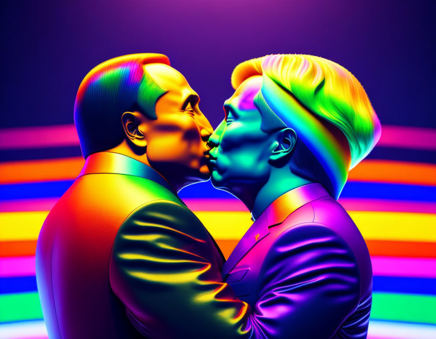 Rainbow-colored figures kissing on multicolored background