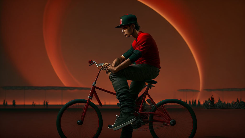 Person in red t-shirt and cap on red bicycle with ringed planet background