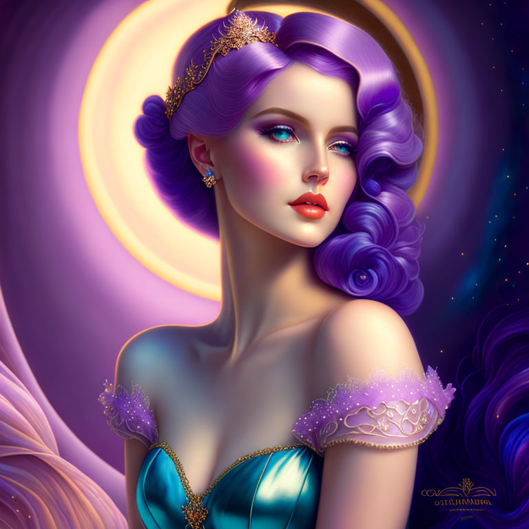 Colorful Stylized Portrait of Woman with Purple Hair and Blue Dress