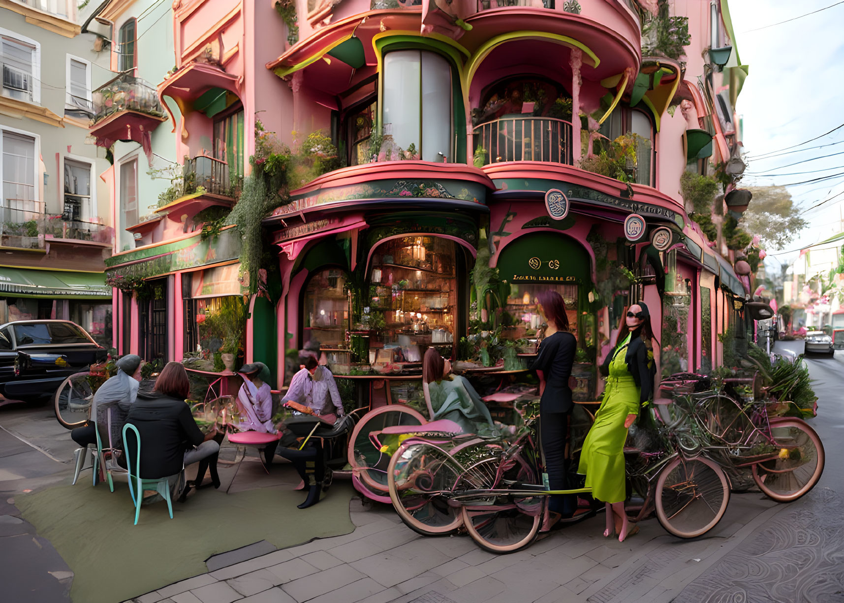 Colorful street scene with cafe, pedestrians, bicycles, and cars under blue sky