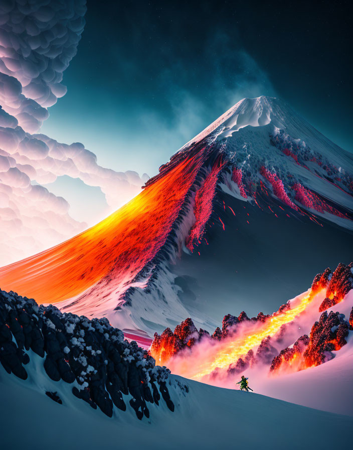 Volcano erupting with bright lava on snow-covered slopes