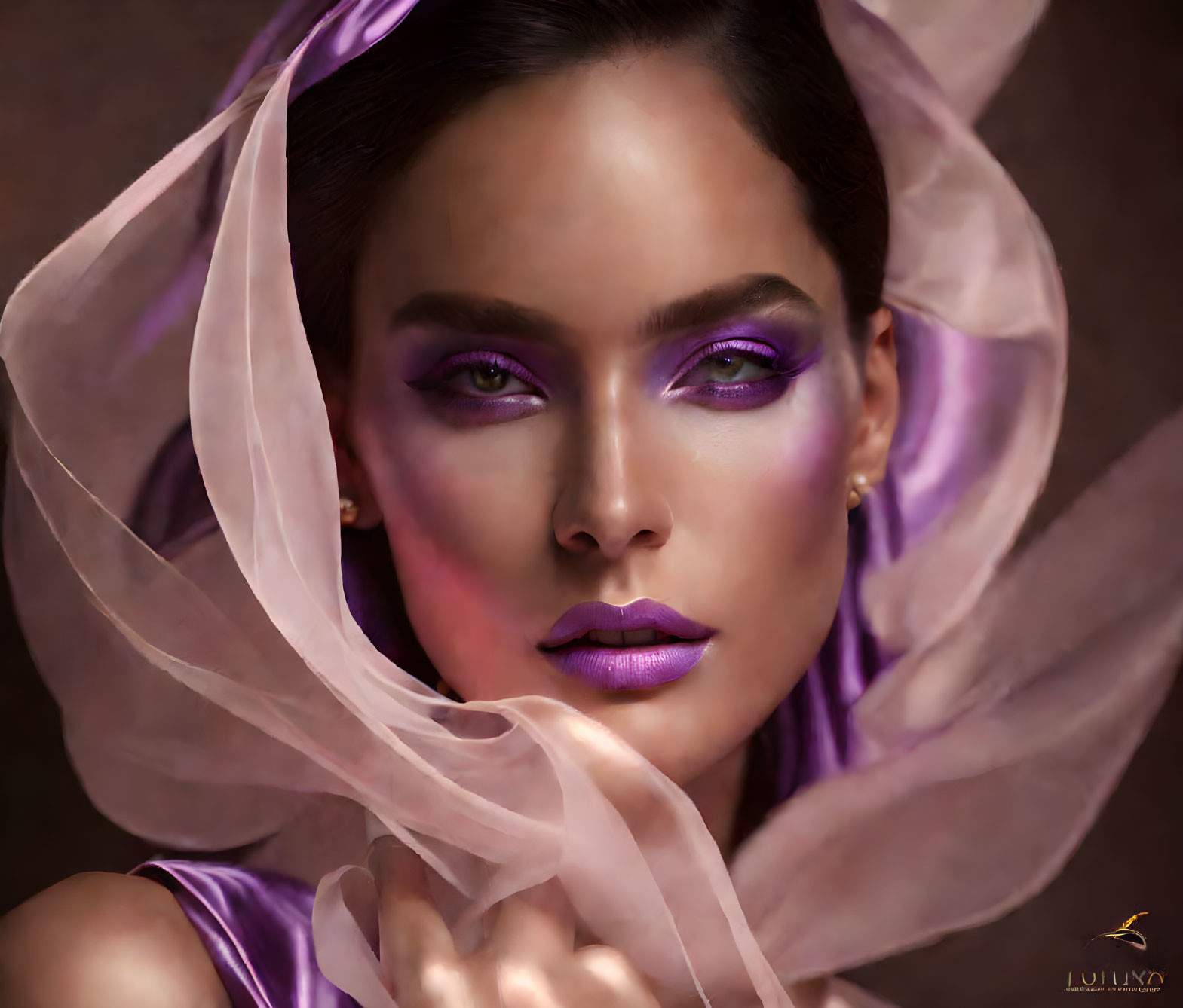 Striking Purple Makeup and Sheer Fabric on Person Against Dark Backdrop