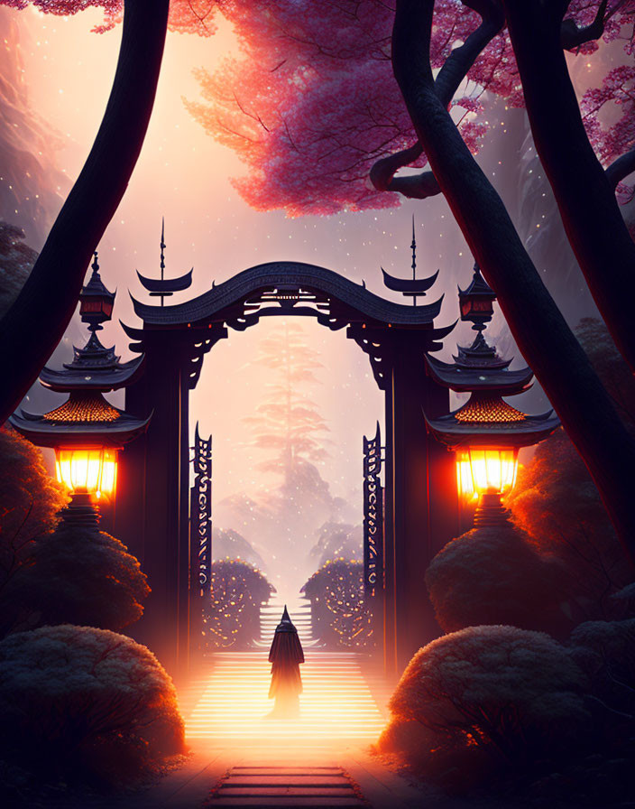 Figure walking through ornate gate under glowing pink sky with cherry blossoms