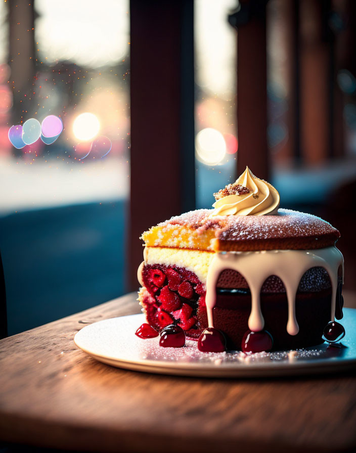 Sponge Cake with Chocolate Icing, Raspberries, and Gold Leaf on Plate