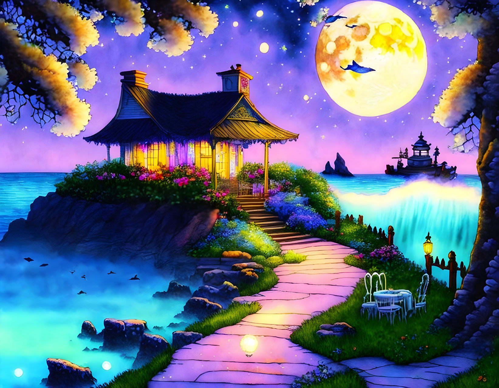 Fantasy seascape with full moon, gazebo, stone pathway, and distant ship