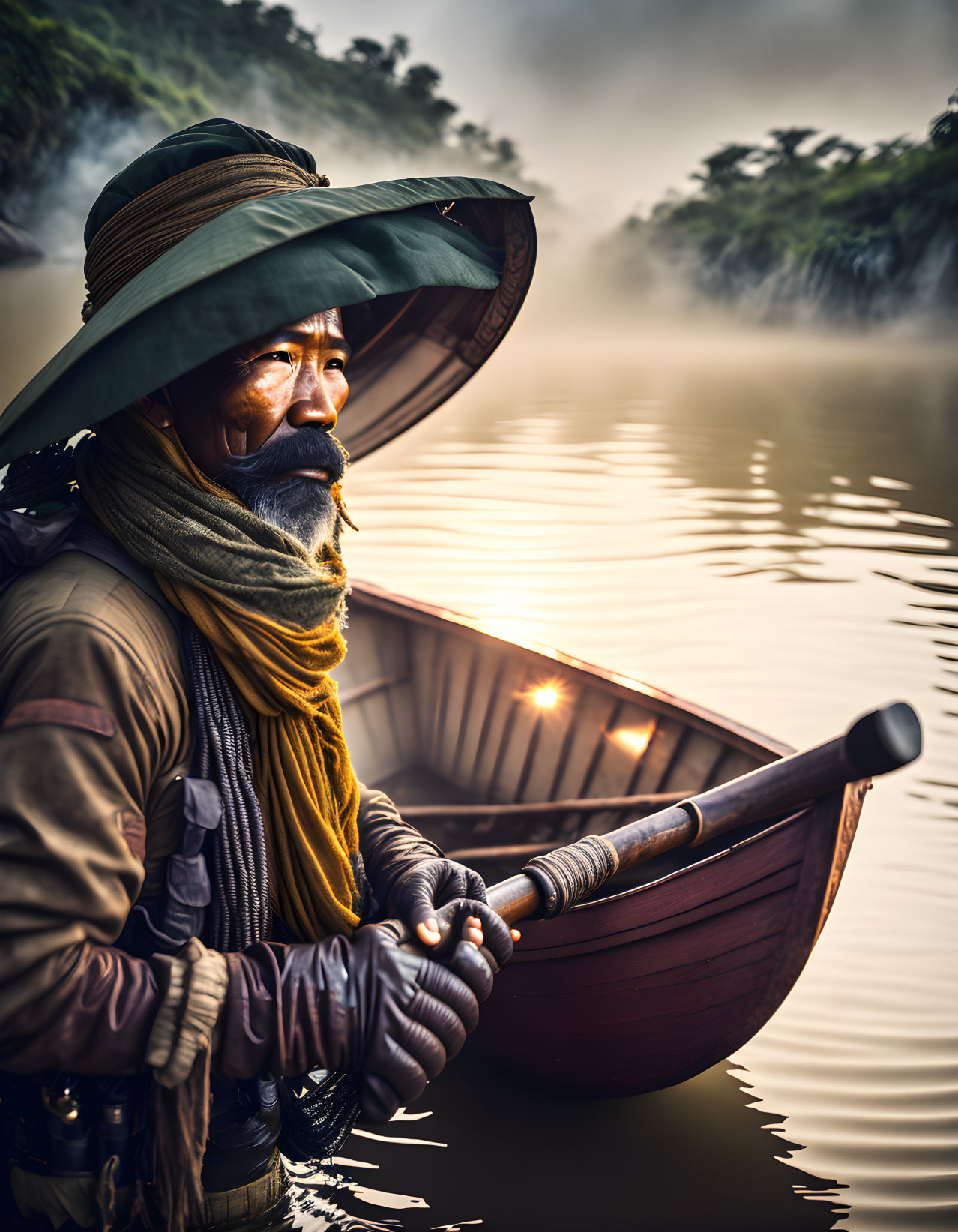 Elderly man in wide-brimmed hat pilots wooden boat on misty river