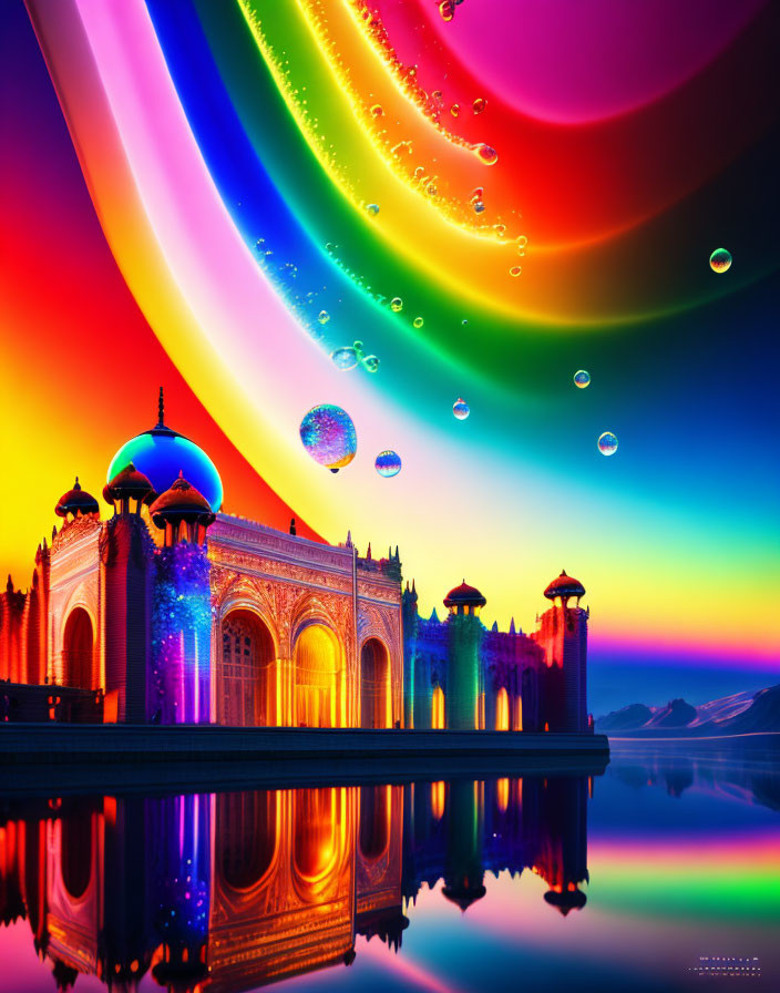 Colorful Digital Art: Illuminated Palace by Water