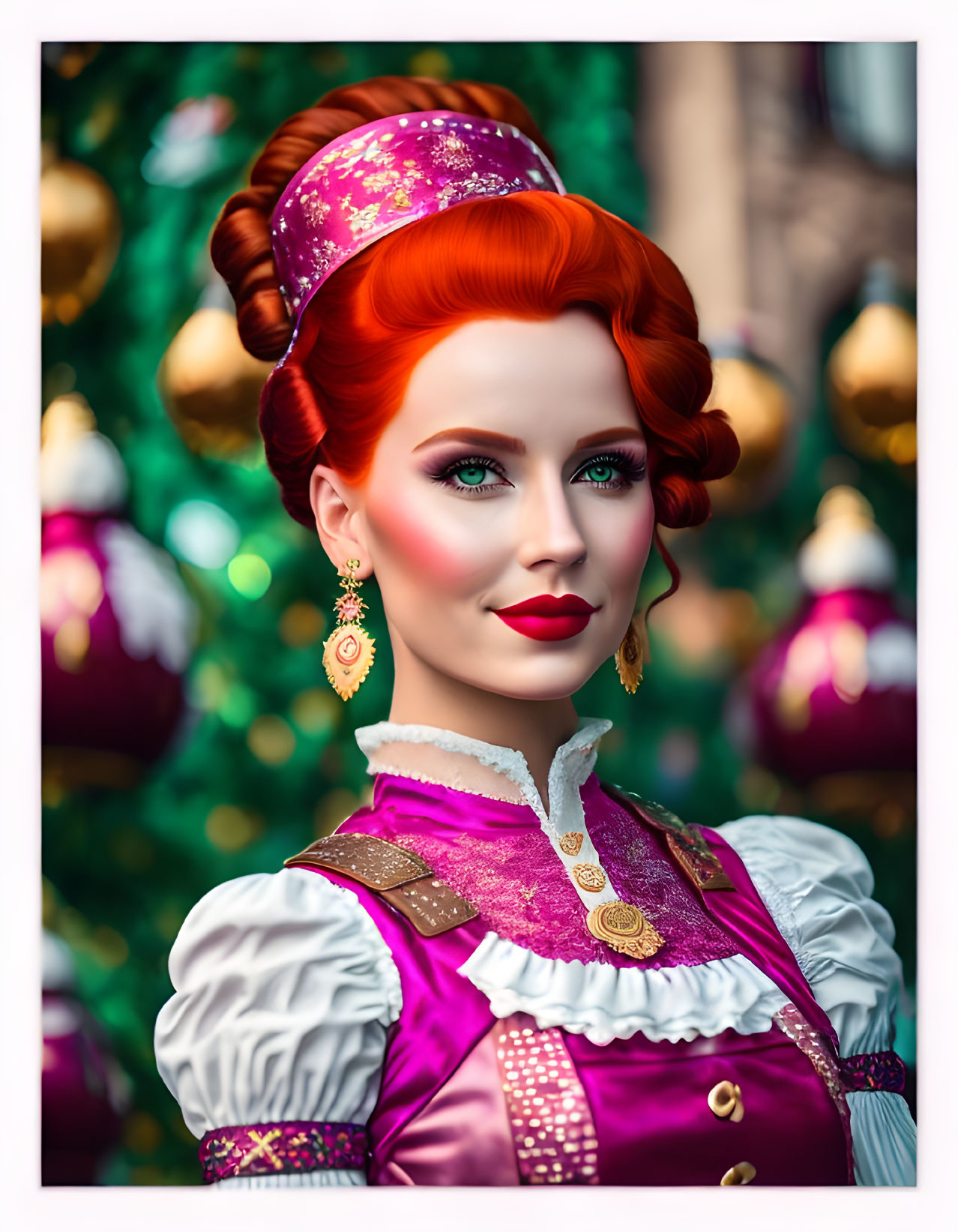 Vibrant red-haired woman in traditional folk attire with gold earrings.